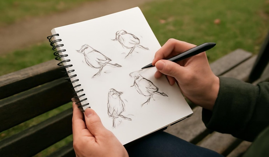 Sketchbook with quick bird gesture drawings on a park bench
