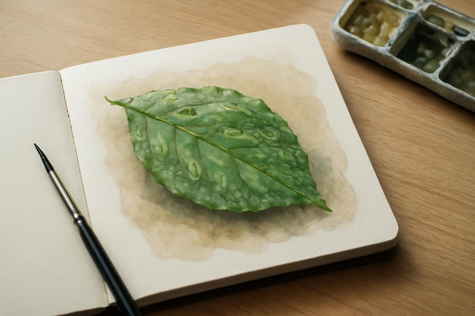 Close-up sketchbook study of a wet leaf with watercolor wash