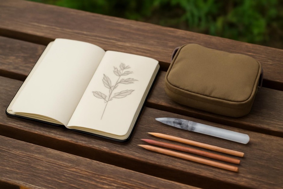 Sketchbook and compact field kit with pencils and waterbrush on a wooden bench