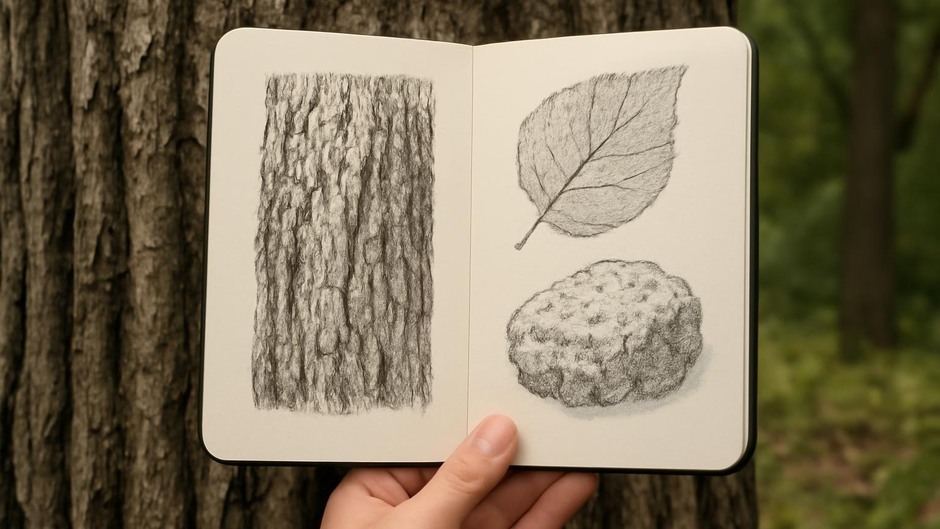 Hand holding a sketchbook near a tree trunk showing bark texture