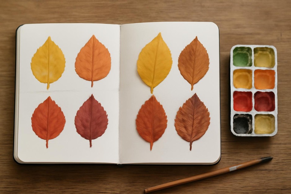 Open sketchbook with autumn leaf swatches and a small paint palette
