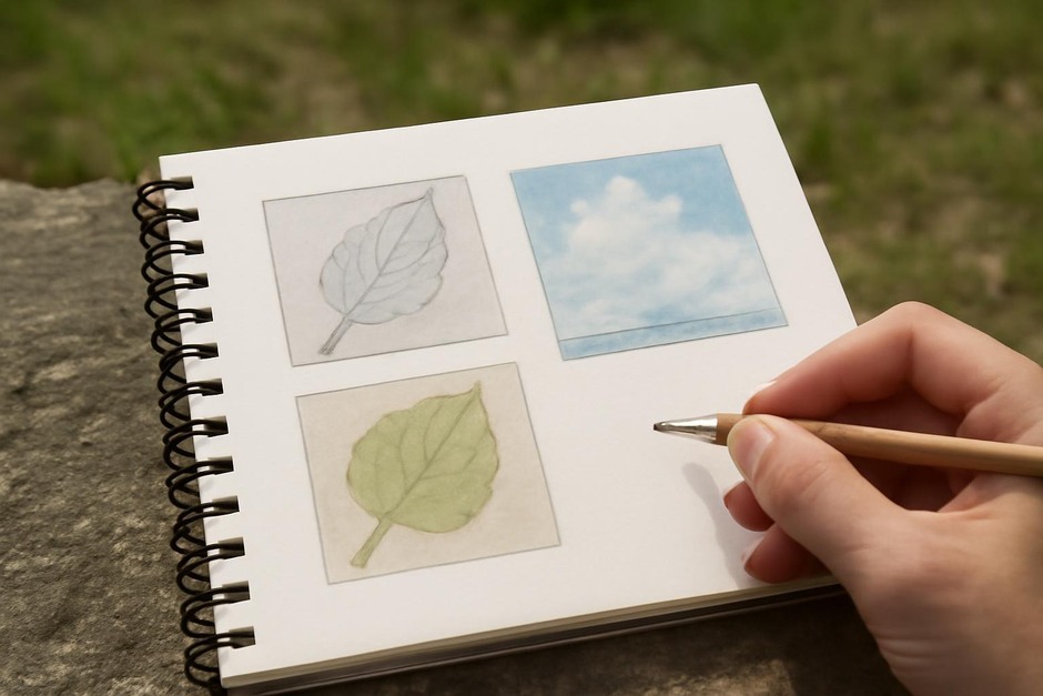 Artist sketchbook open outdoors with quick tonal and color studies of leaves and sky