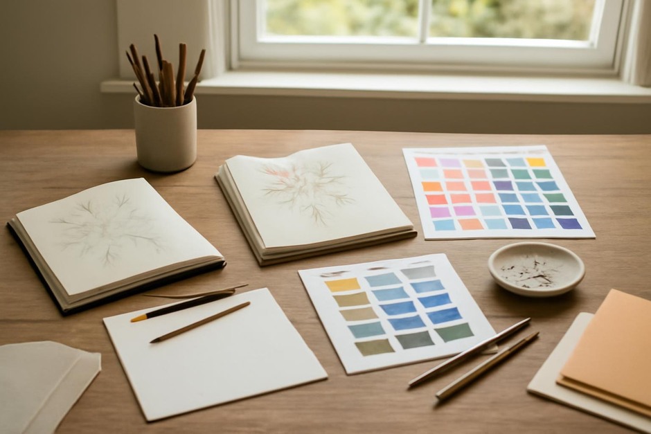 Abstract art desk with color swatches, brush marks, and sketchbook studies.
