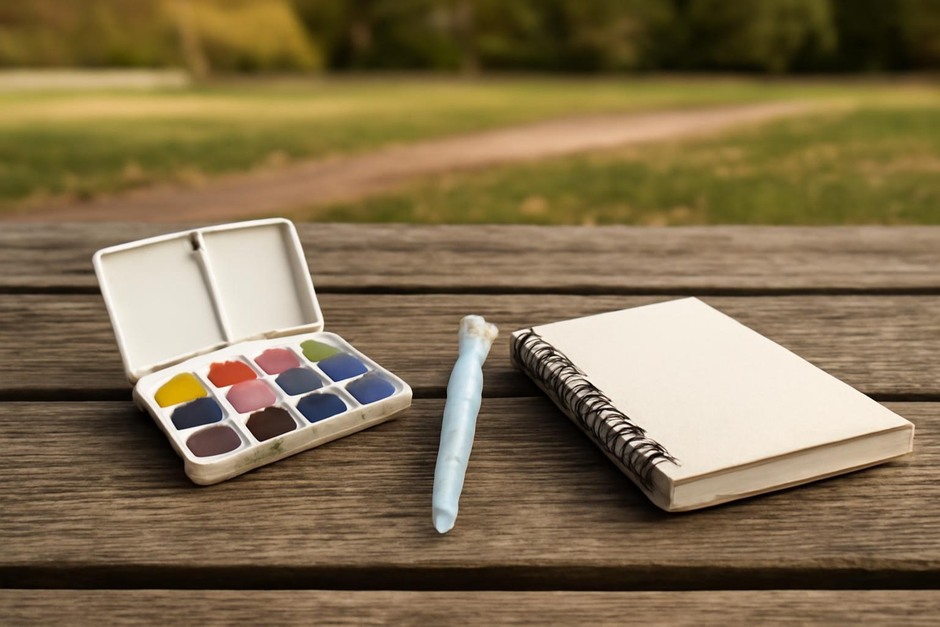 Small travel palette, water brush, and compact sketchbook on a park table