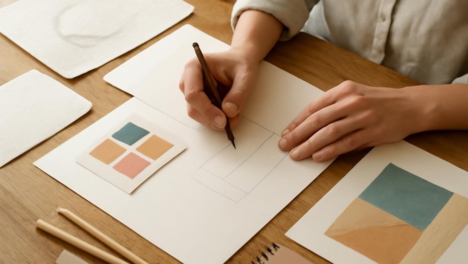 Bright studio image with paint textures, paper layers, and geometric color blocks.