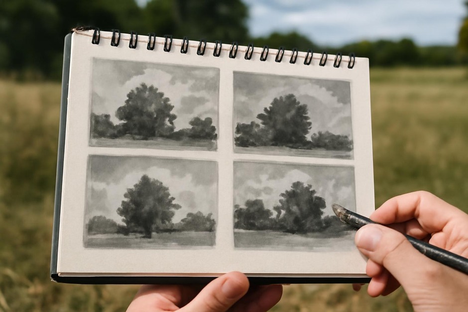Small plein-air sketchbook with tonal studies of trees and sky